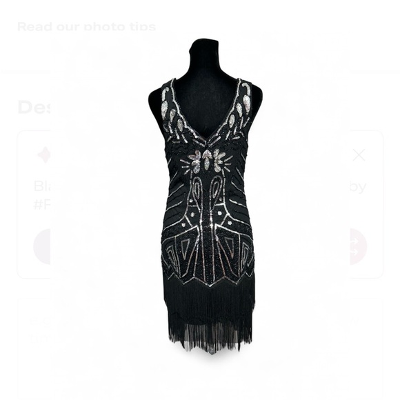 BABEYOND Black and Silve Flapper Beaded Mini Dress 1920s Fringed Great Grataby . - Picture 4 of 7